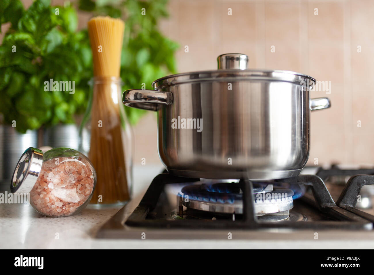 Cucinare gli spaghetti in una pentola Foto Stock