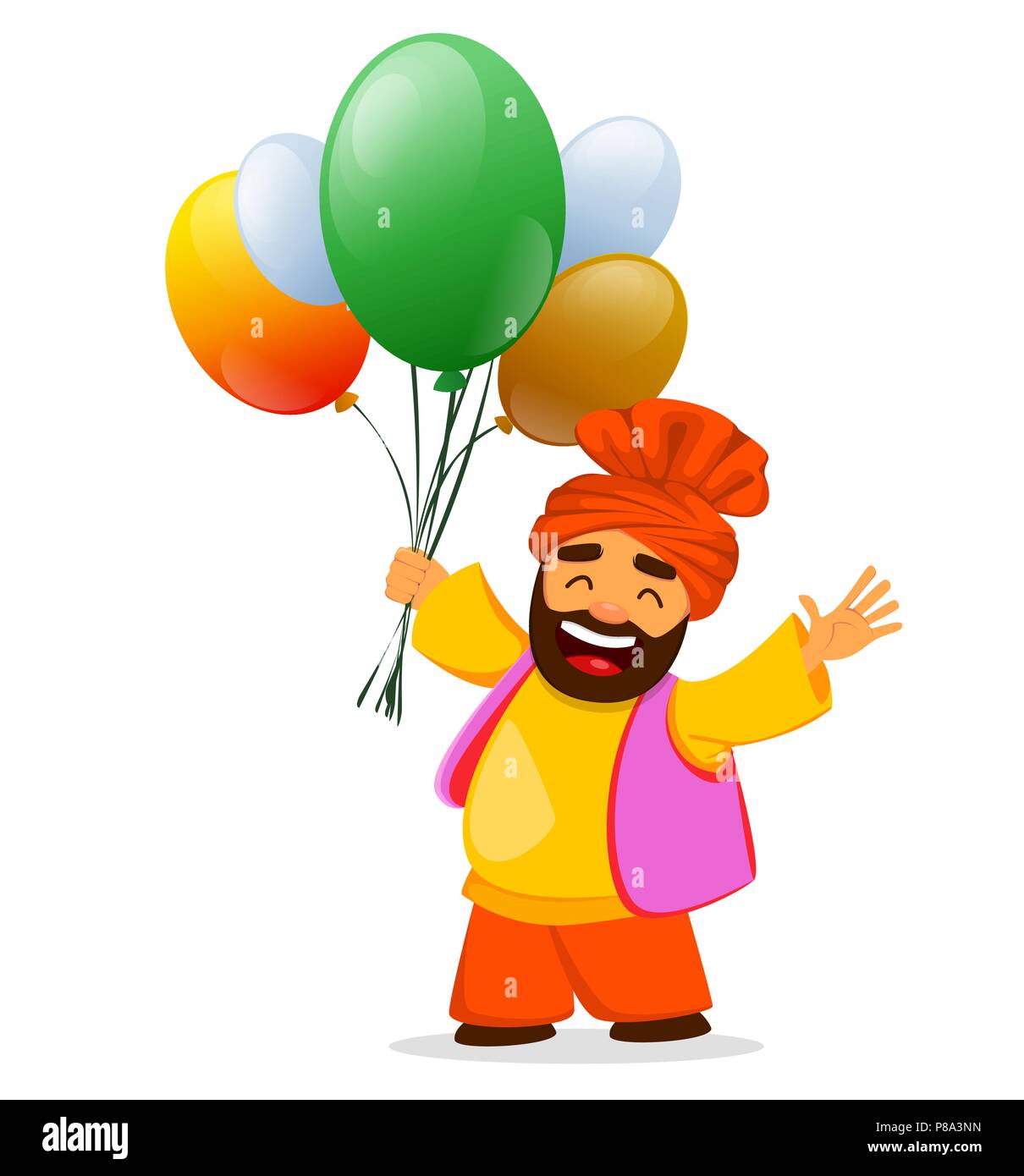 Felice Giorno Di Indipendenza in India. Biglietto di auguri, opuscolo o poster con sorridente uomo Sikh trattenere aria palloncini in colori nazionali. Illustrazione Vettoriale Illustrazione Vettoriale