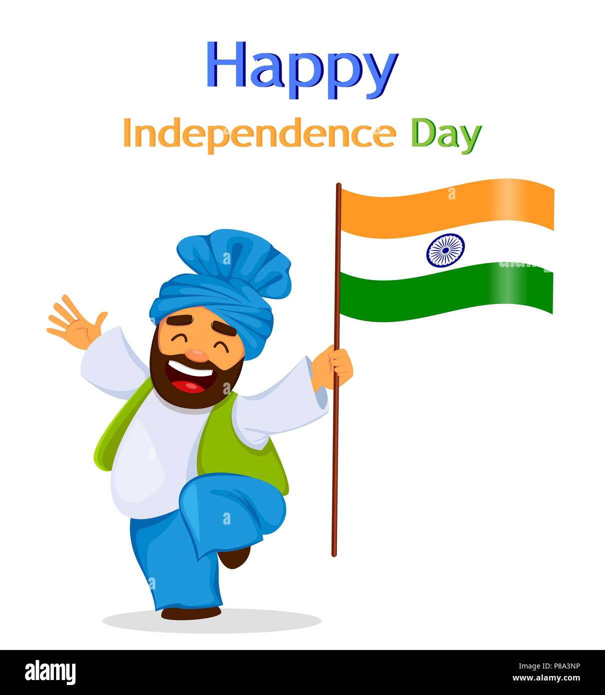 Felice Giorno Di Indipendenza in India. Biglietto di auguri, opuscolo o poster con sorridente uomo Sikh holding bandiera nazionale. Illustrazione Vettoriale Illustrazione Vettoriale