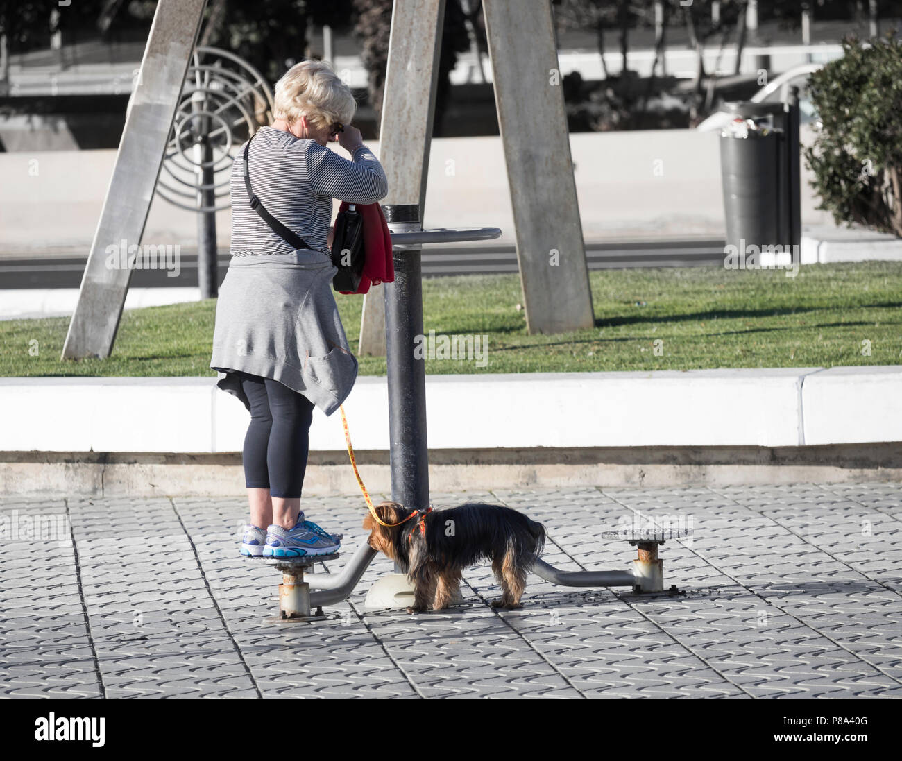Donna anziana a piedi un cane con outdoor macchina ginnica sulla strada di città in Spagna Foto Stock