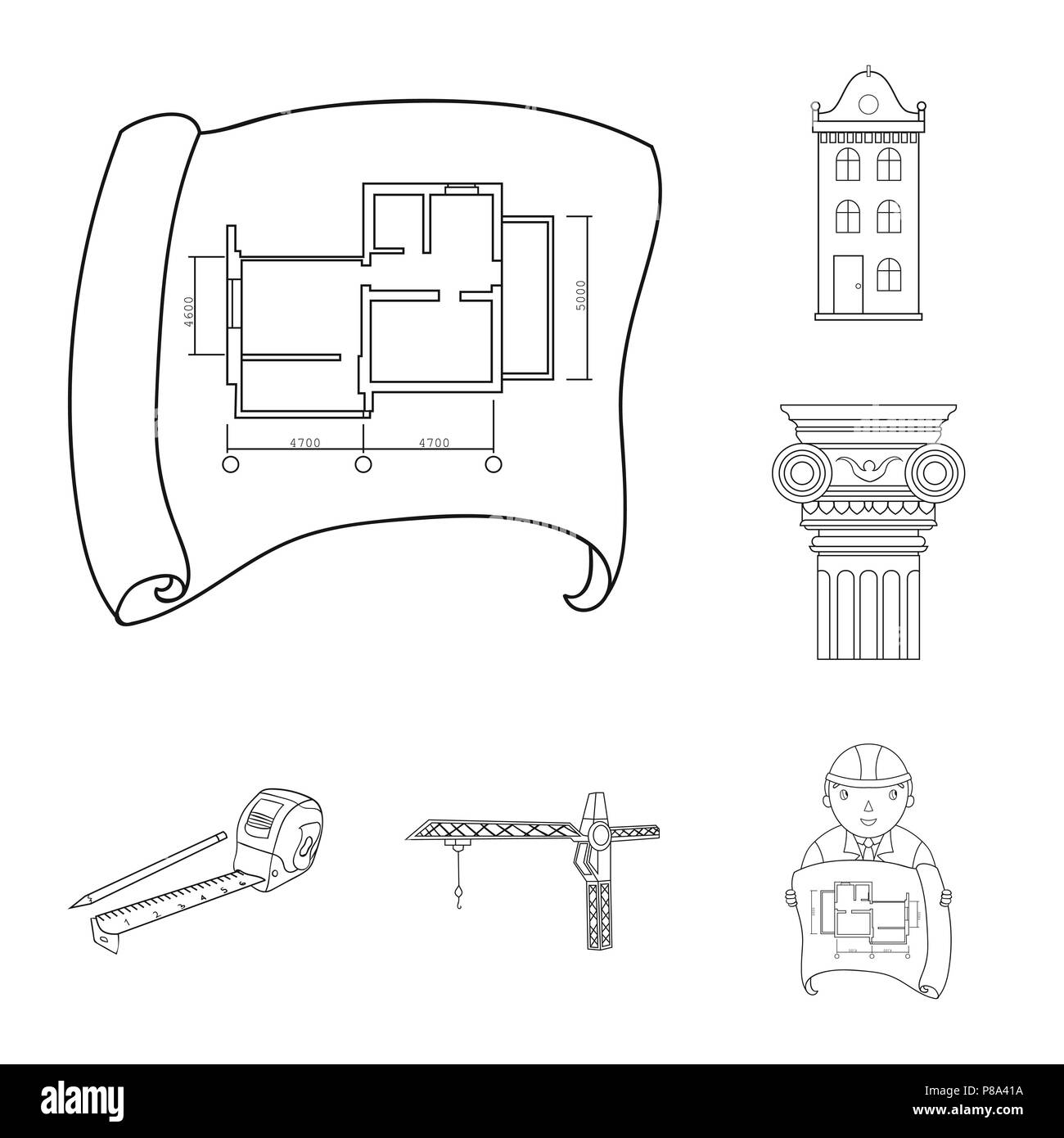 Architettura e costruzione di icone di contorno nel set di raccolta per il design. Architetto e attrezzature simbolo vettore illustrazione stock. Illustrazione Vettoriale