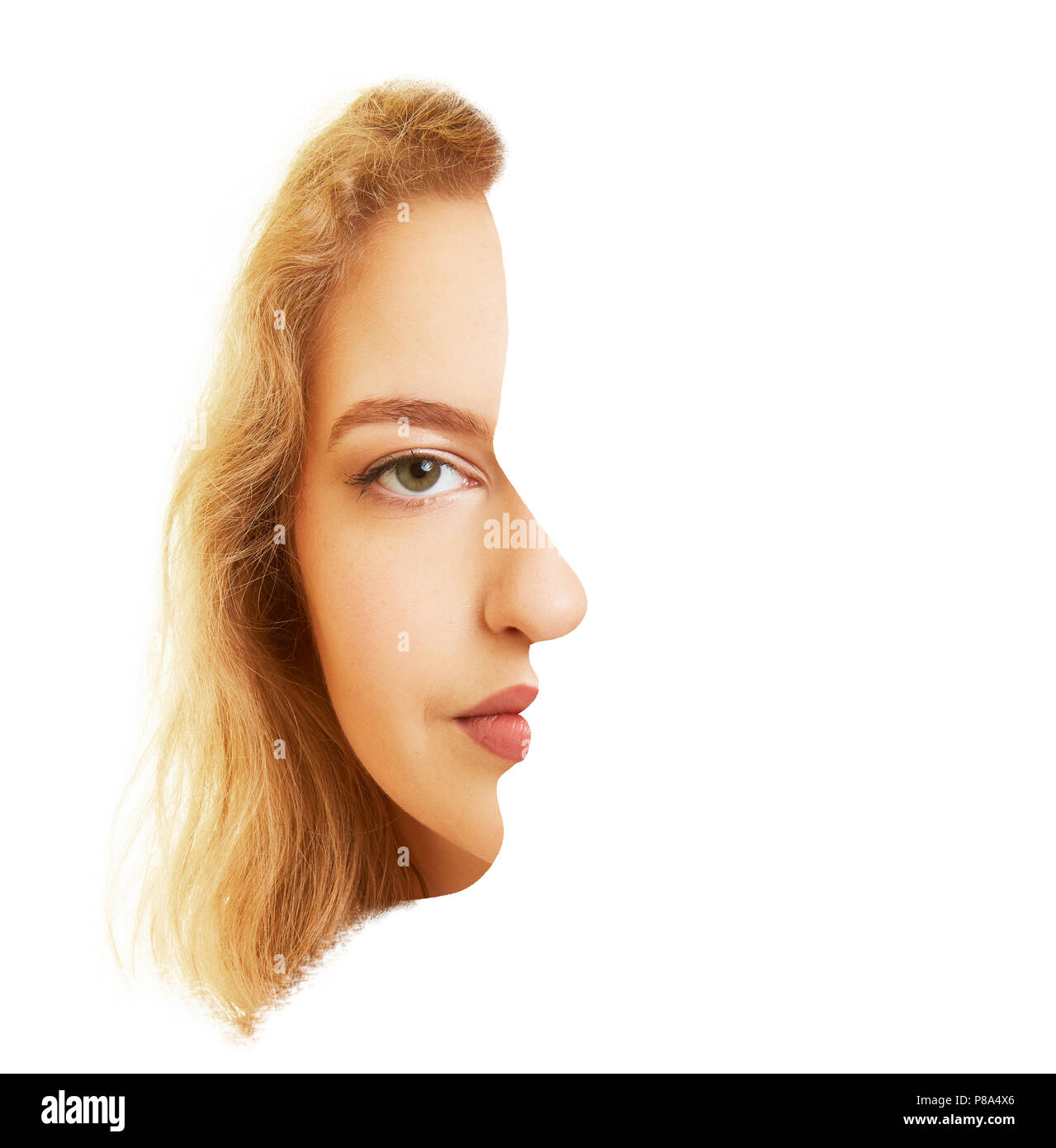 Un volto di donna con testa e lateralmente come una surreale illusione ottica Foto Stock