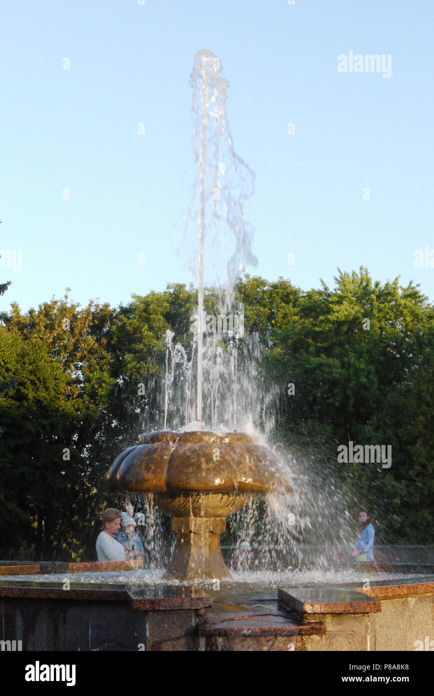 Fontana eruttando un sottile alto getto di acqua contro il cielo senza nuvole . Per il vostro design Foto Stock