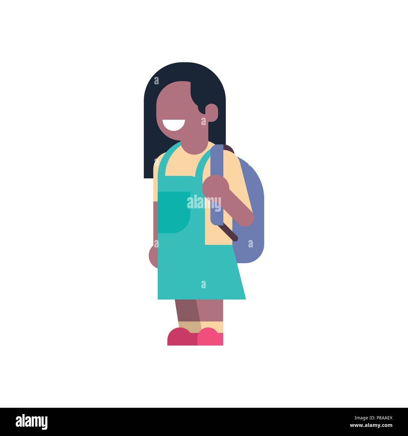 African American Girl zaino scuola bambini piccoli isolati studente primario su sfondo bianco flat a piena lunghezza Illustrazione Vettoriale