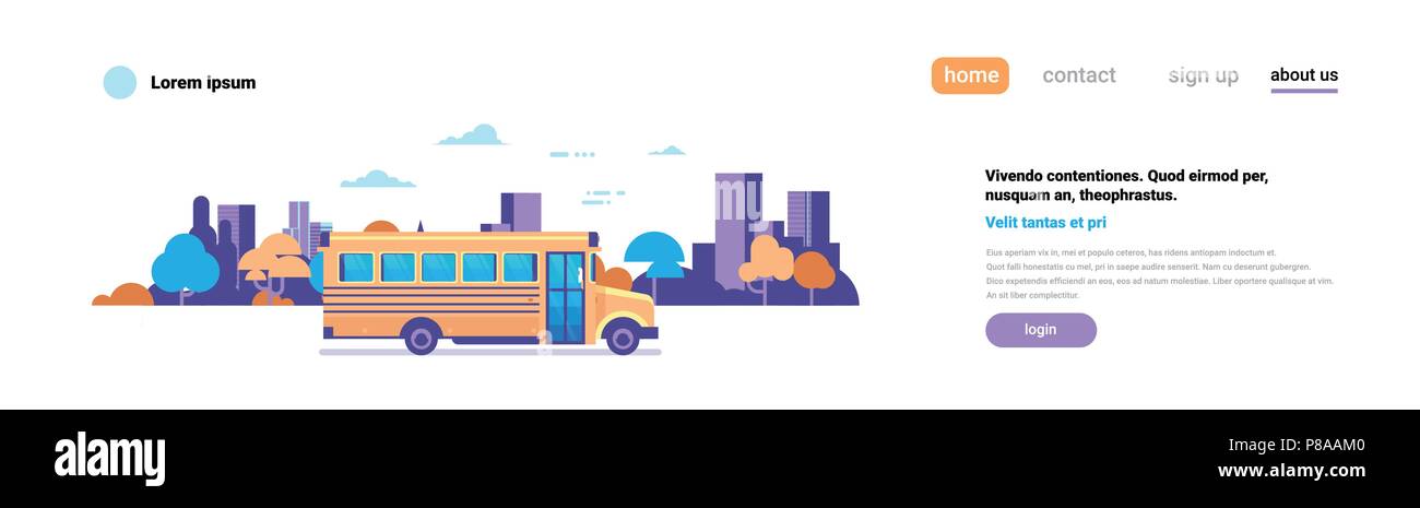 Autobus gialli si torna a scuola gli alunni il concetto di trasporto su cityscape sfondo copia piatto spazio banner Illustrazione Vettoriale