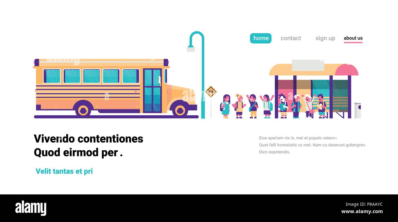 Il giallo alla stazione degli autobus per tornare a scuola gli alunni dei trasporti concetto sul paesaggio urbano mix race group sfondo copia piana orizzontale dello spazio Illustrazione Vettoriale