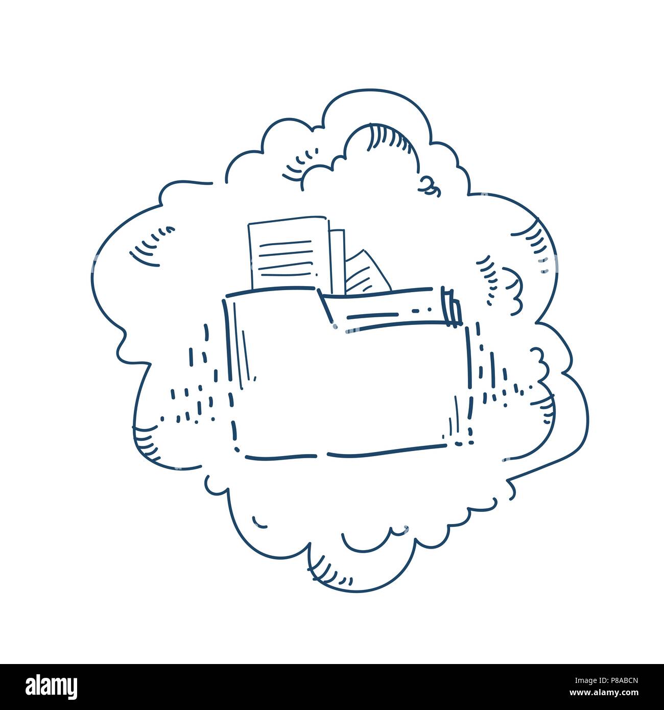 Il cloud di storage dei dati di file della cartella di condivisione il concetto di servizio su sfondo bianco schizzo doodle banner Illustrazione Vettoriale
