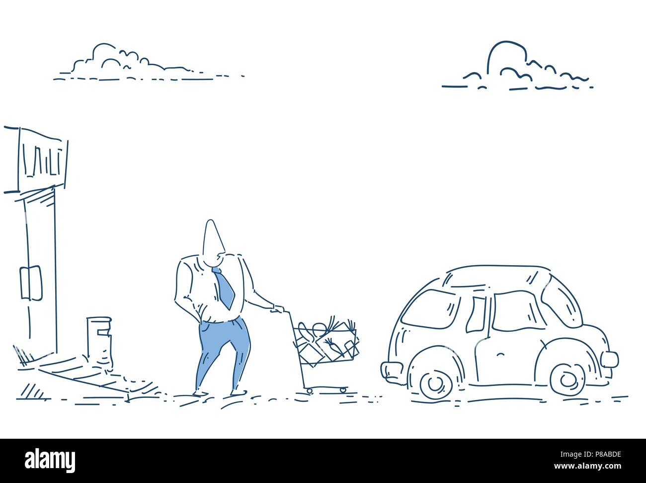 Imprenditore andando a car Carrello prodotti concetto supermercato di acquisto su sfondo bianco schizzo doodle illustrazione vettoriale Illustrazione Vettoriale