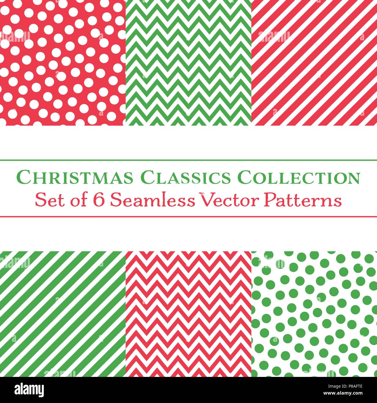 Raccolta di 6 Natale classico vettore modelli senza giunture, pois, freccette e strisce di caramelle in colori rosso e verde. Bundle di pattern, impostare Illustrazione Vettoriale