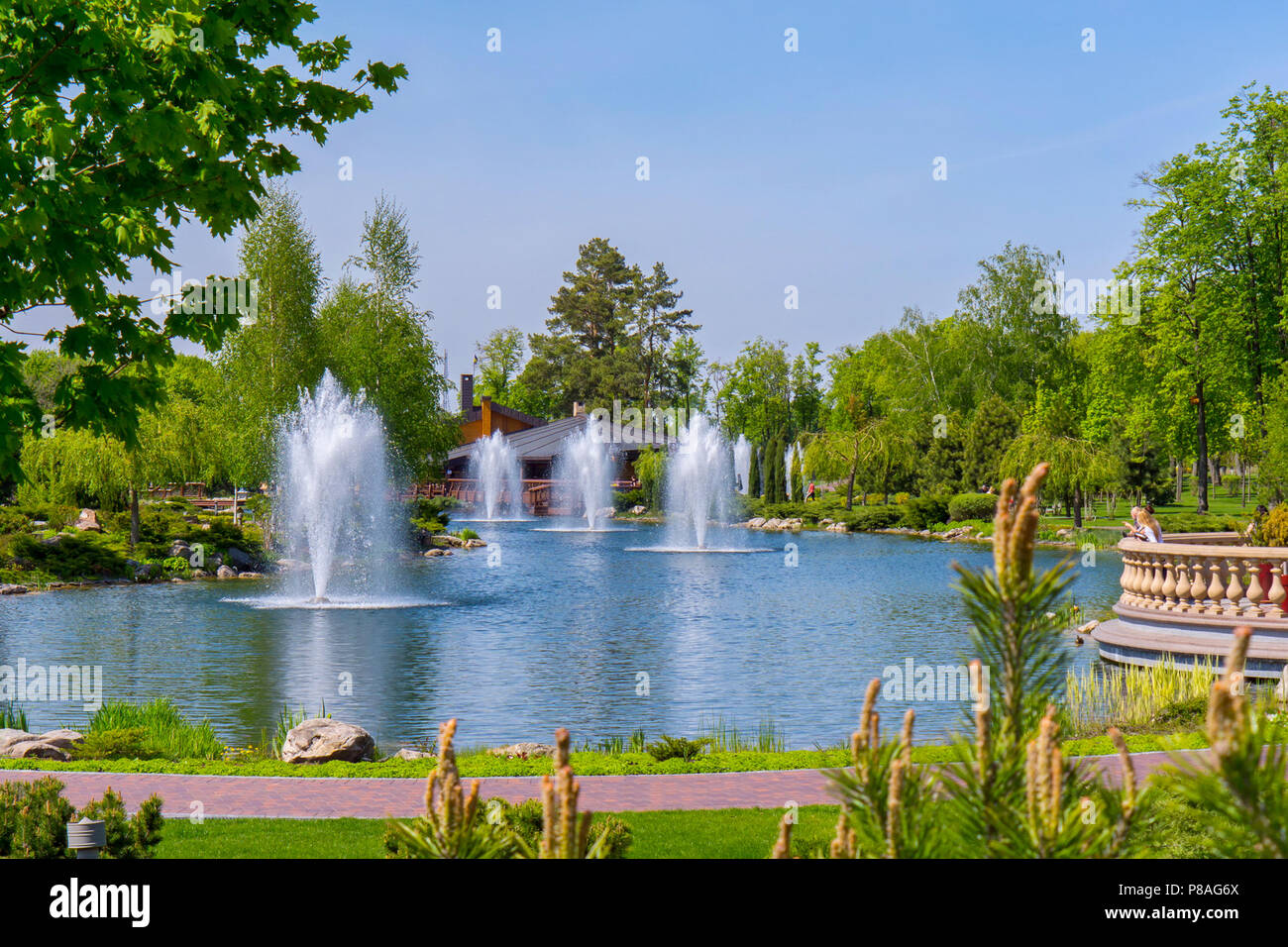 Assemblaggio di quattro fontane su un lago artificiale nel parco nei pressi del ponte di osservazione con ringhiera di protezione . Per il vostro design Foto Stock