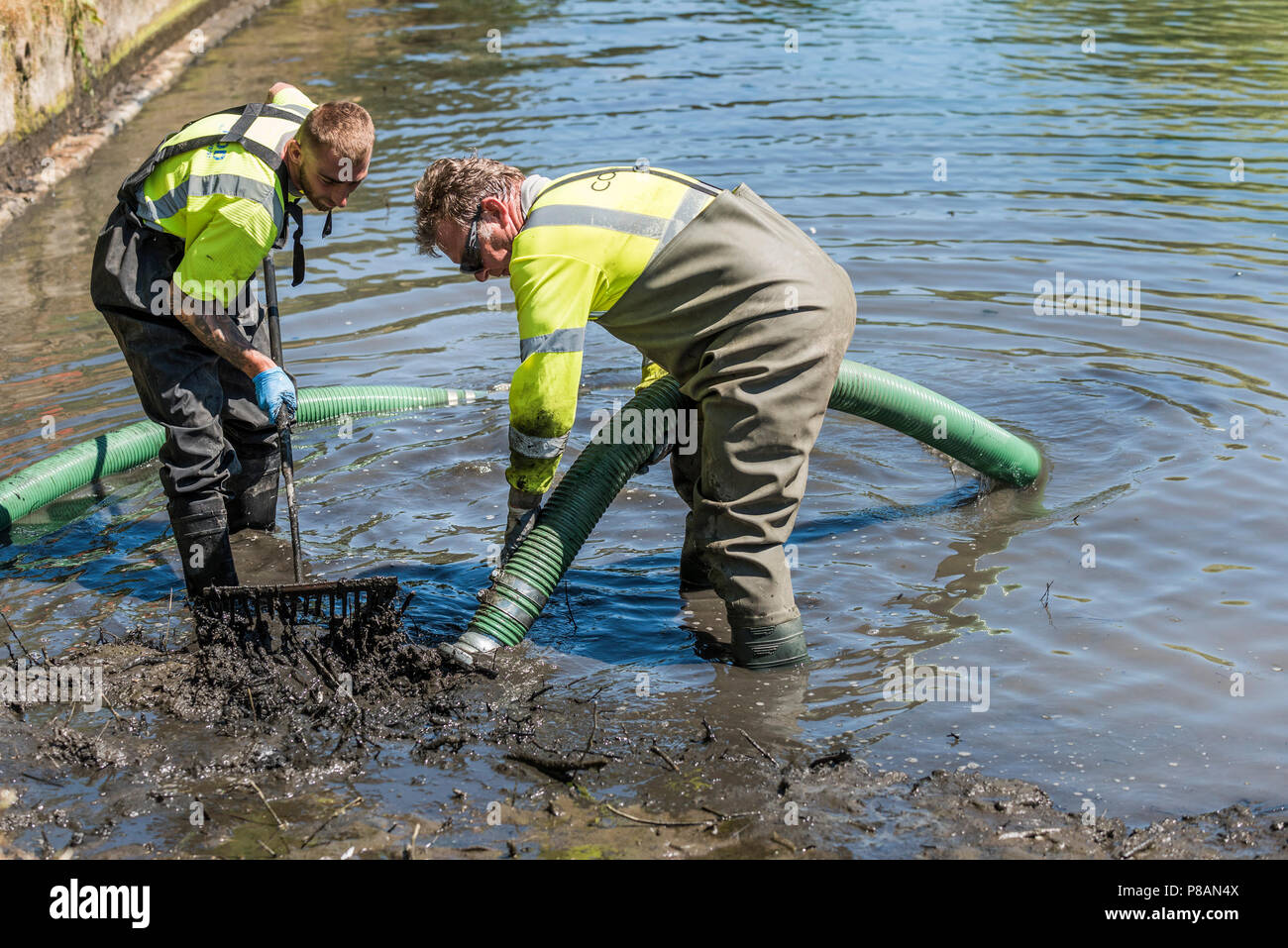 Lavoratori che utilizzano una pompa di aspirazione per rimuovere il fango e limo in un lago. Foto Stock