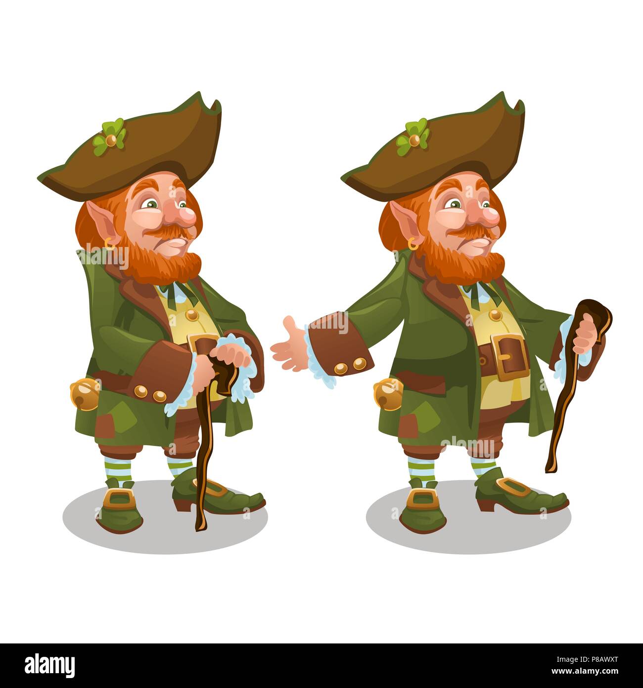 Saint Patrick Day leprechaun di carattere con il cappello verde, barba rossa e un di legno bastone isolato su sfondo bianco. Illustrazione Vettoriale. Illustrazione Vettoriale