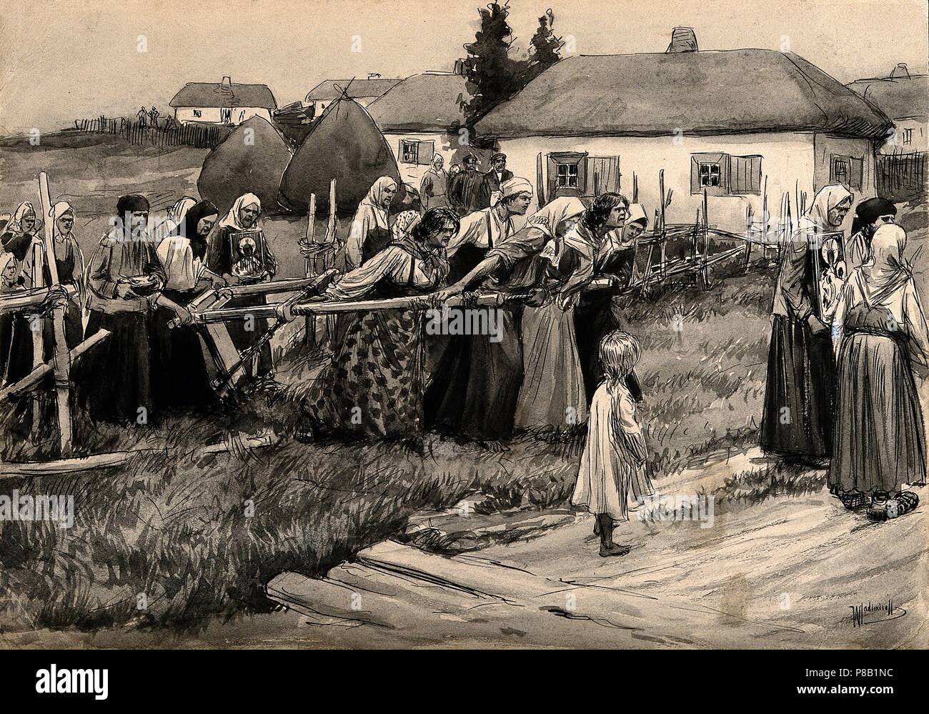 Una religiosa processione del colera nelle zone rurali della Russia (dalla serie di acquerelli di rivoluzione russa). Museo: Collezione privata. Foto Stock