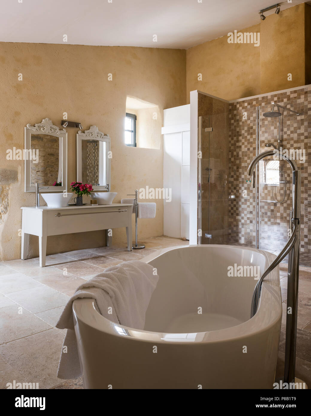 Freestanding vasca da bagno, lavabo e doccia grande Foto Stock