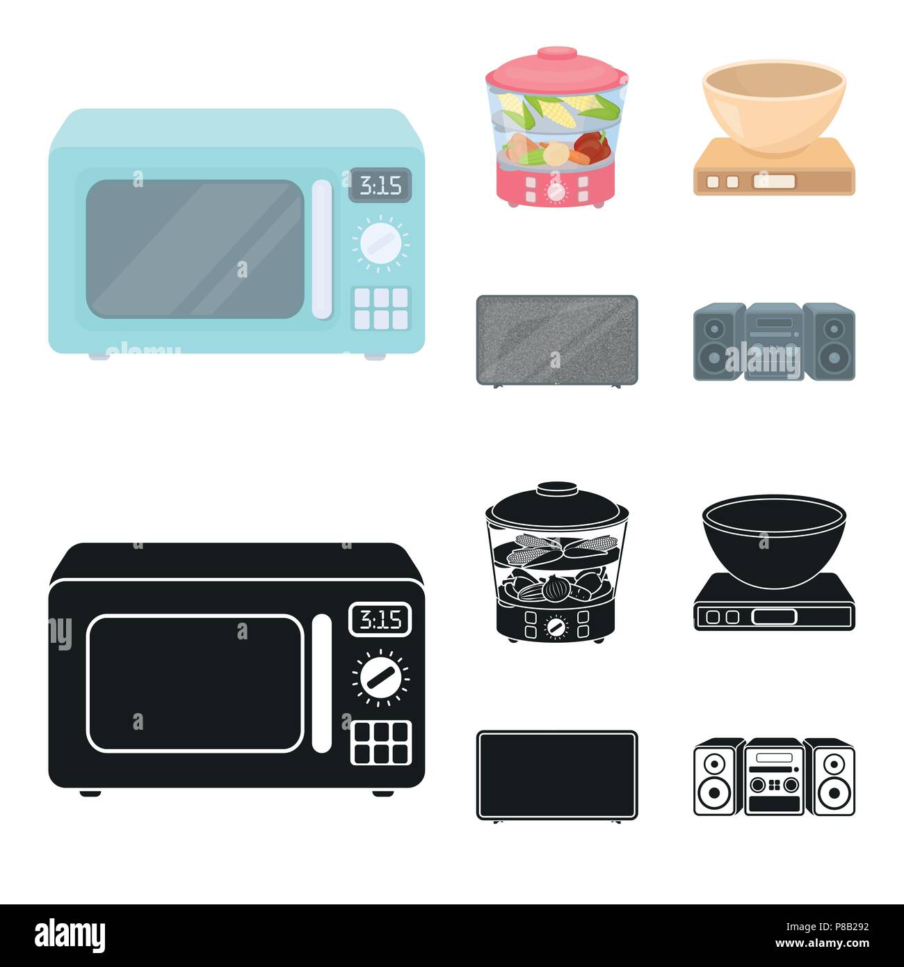 Sistema di cottura a vapore, forno a microonde, bilance, tv lcd.Famiglia  set di icone di raccolta in cartoon,nero stile simbolo vettore  illustrazione stock Immagine e Vettoriale - Alamy