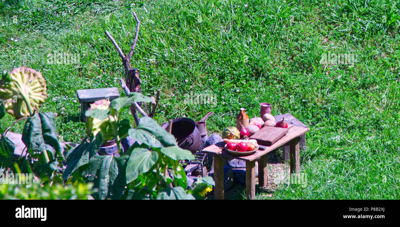 Campfire tino alla Hobbiton Movie set, NZ Foto Stock