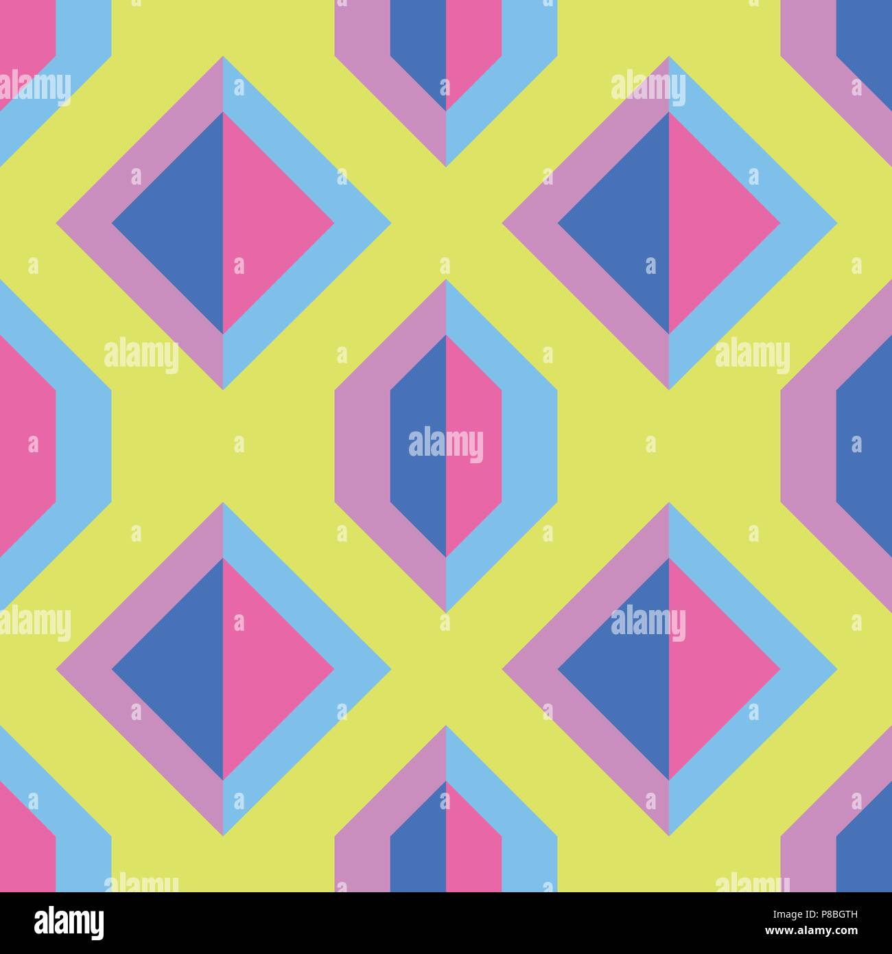 Seamless pattern giallo con blu e rosa forme geometriche. Illustrazione Vettoriale