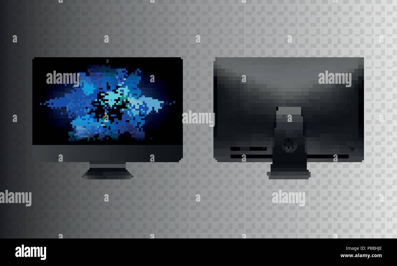 Stock illustrazione vettoriale set realistico personal computer desktop professionale, PC. Moderno e il monitor a schermo piatto. Sul lato posteriore del display per computer isolati su uno sfondo trasparente. Schermo bianco mock-up. Illustrazione Vettoriale