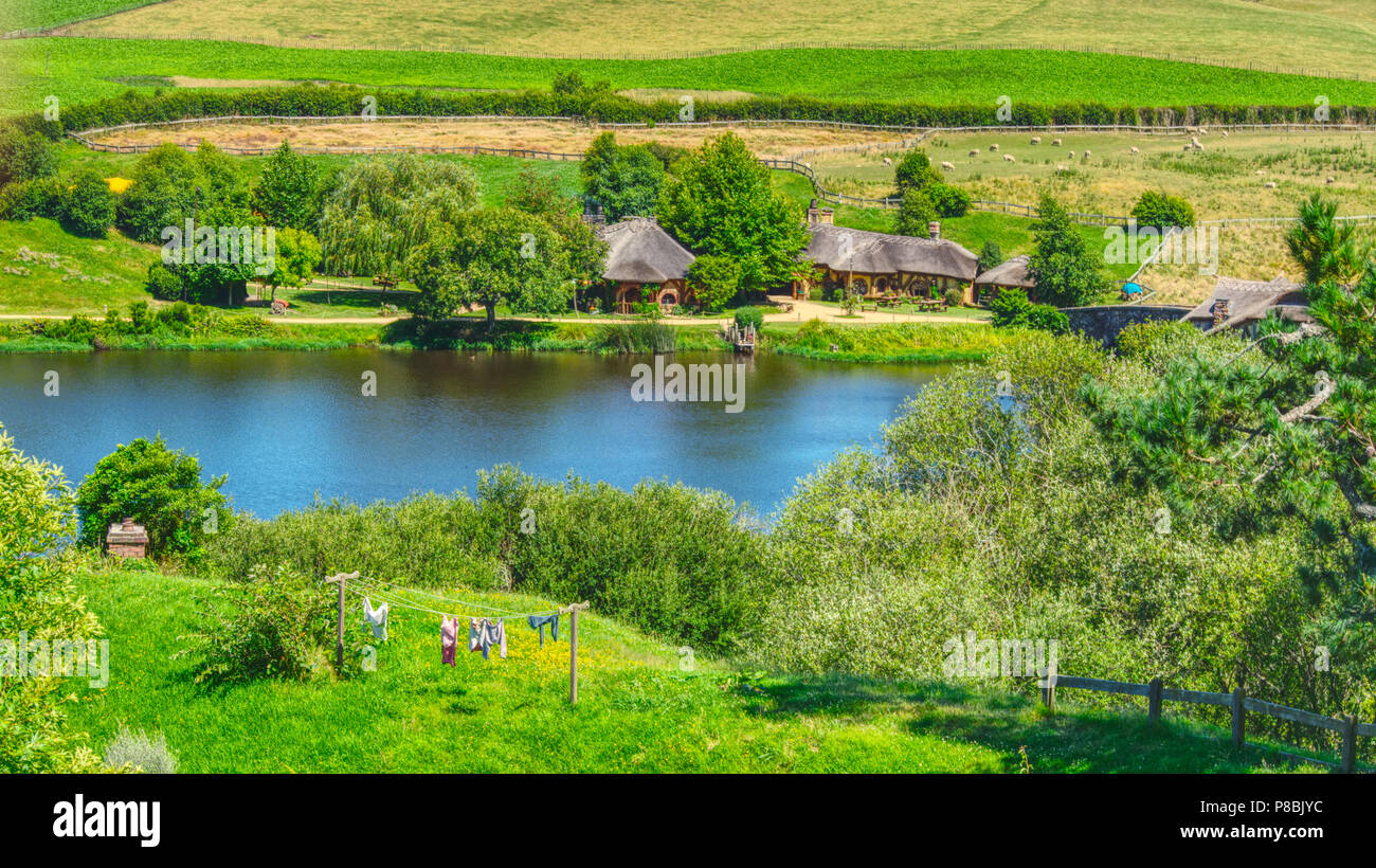 Vista superiore della Hobbion Movie set, Matamata Nz Foto Stock