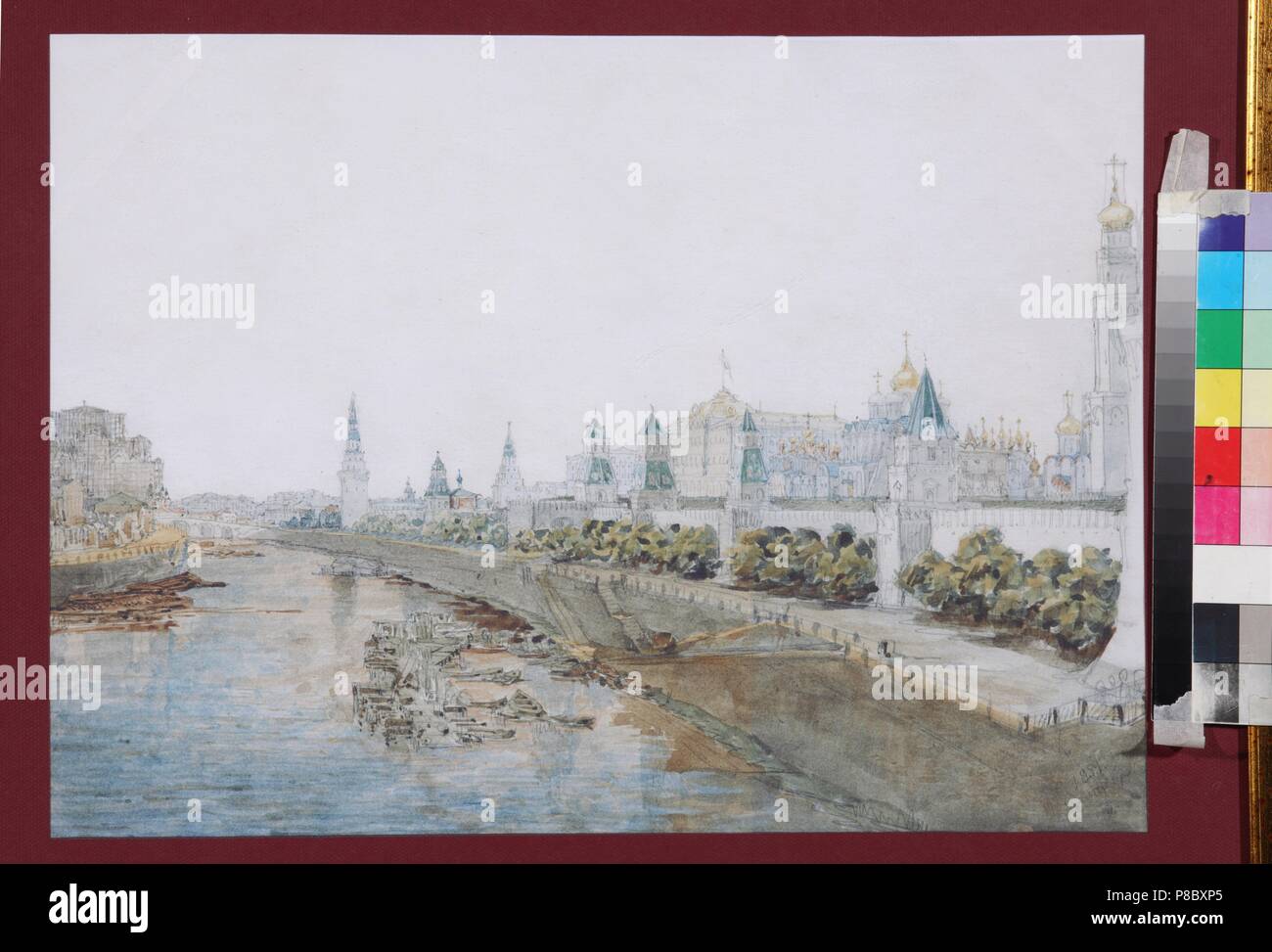 Vista del Cremlino dalla Moskvoretsky Bridge. Museo: I. Turgenev Memorial Museum di Mosca. Foto Stock