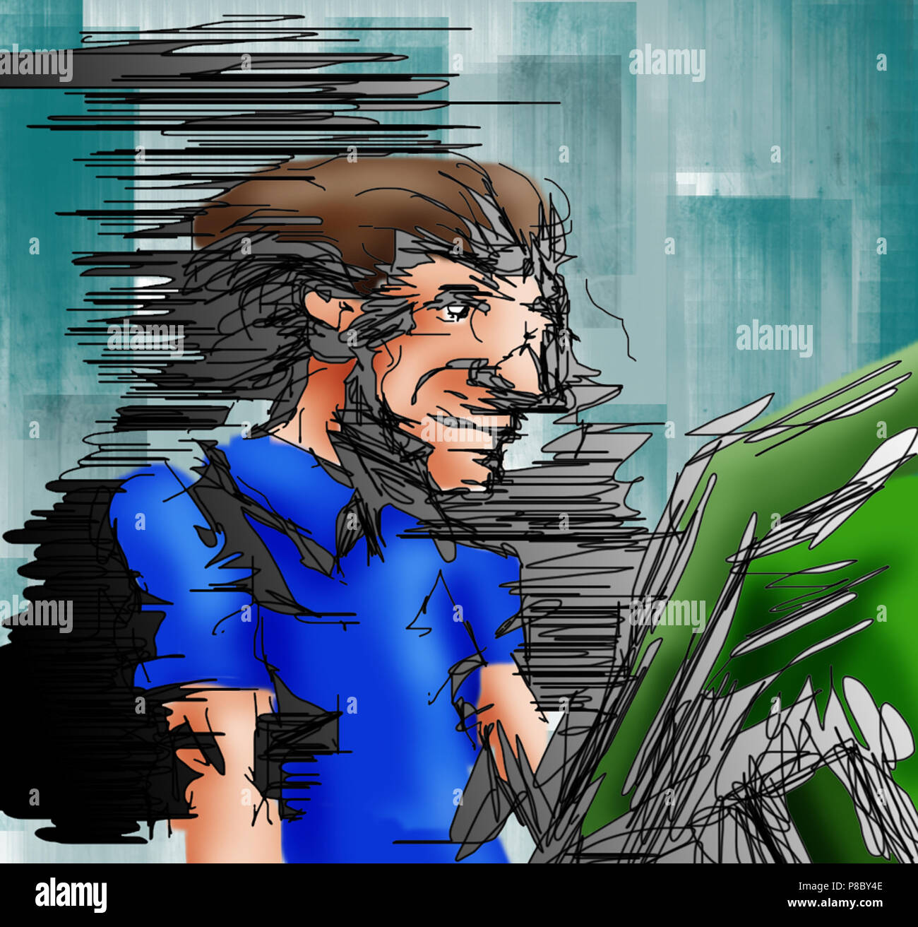 L'uomo sul computer illustrazione gestuale Foto Stock