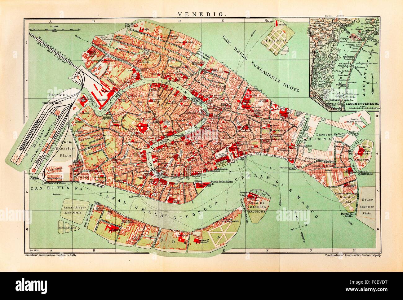 Il tedesco Brockhaus 1905 mappa di Venezia Venedig (Italia). Foto Stock