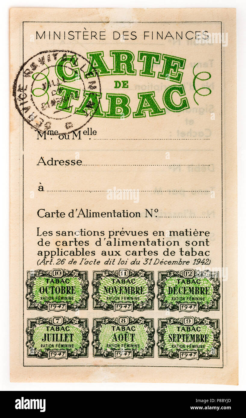 Francese post-guerra 1940s 'Carte de Tabac" il razionamento del tabacco coupon. Foto Stock