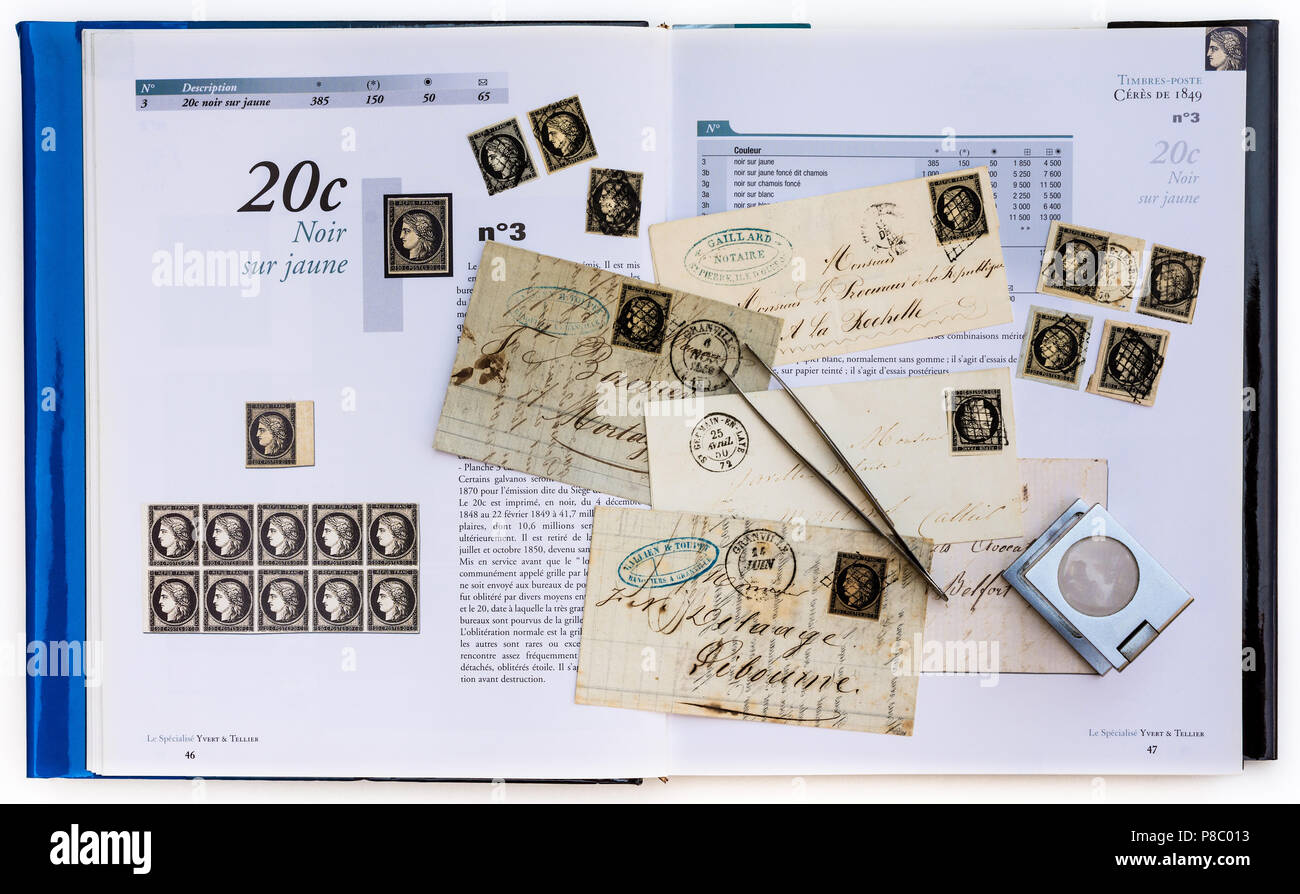 1849-1850 francese storia postale lettere, timbri e catalogo specializzato handbook - 20c Cérès era il primo il francese francobollo. Foto Stock