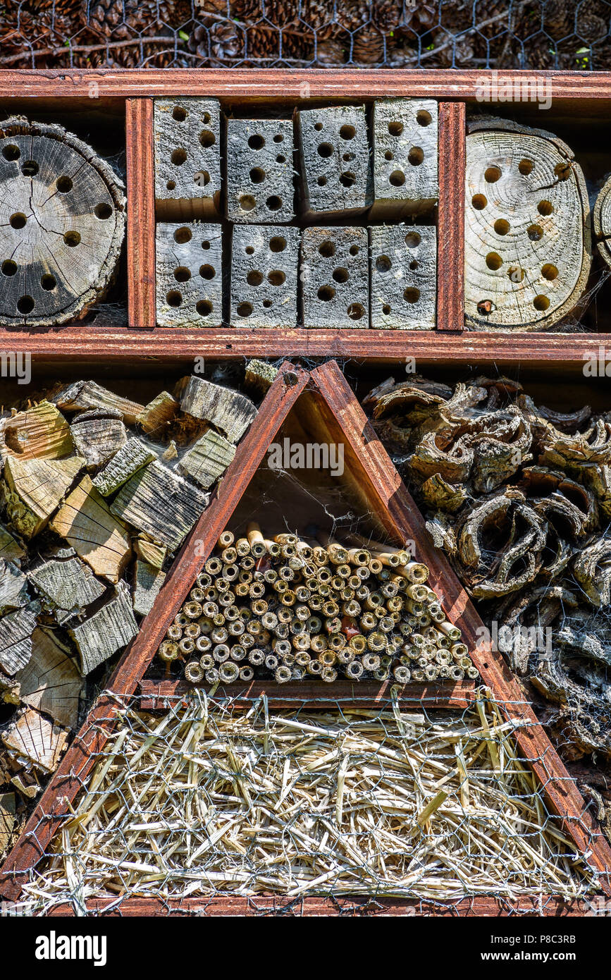 Bee e casa di insetto fatto naturale materiels come paglia, legno, corteccia di abete e coni. Foto Stock