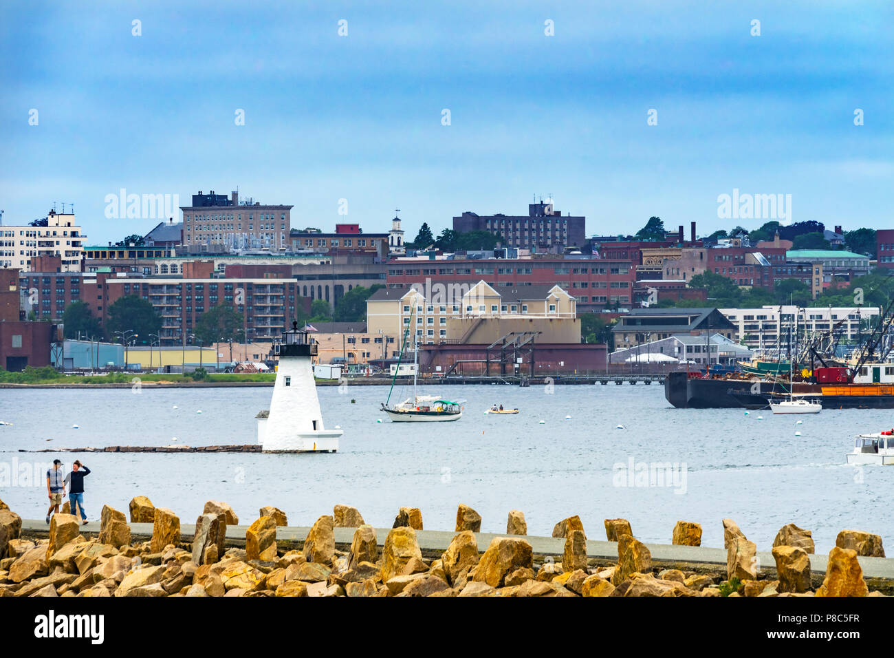 Avamporto Lightouse New Bedford Harbor velieri poiane Bay Massachusetts negli Stati Uniti. Foto Stock