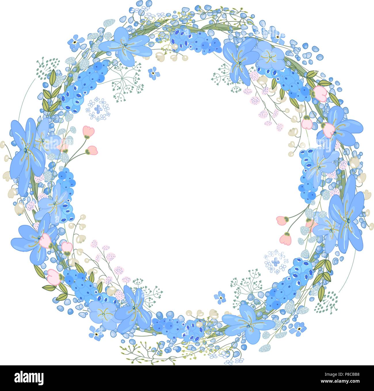 Cornice rotonda con graziosi fiori muscari e testo felice Pasqua. Festosa cerchio floreale per la tua stagione design. Illustrazione Vettoriale