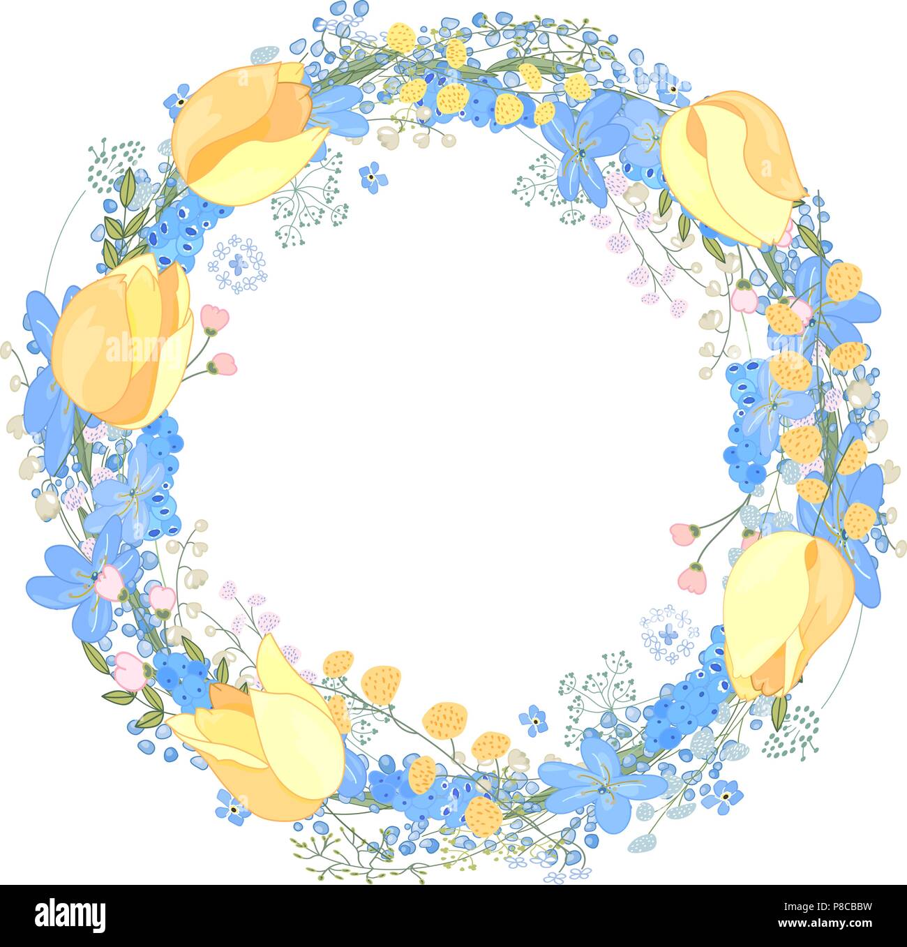 Cornice rotonda con graziosi fiori muscari e testo felice Pasqua. Festosa cerchio floreale per la tua stagione design. Illustrazione Vettoriale