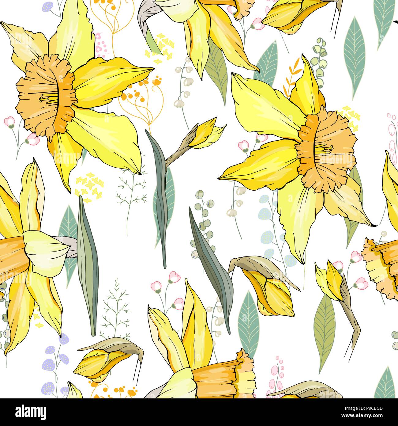 Seamless floral motivo decorativo con yellow daffodils. Tessitura senza fine per il tuo design, tessuti decor. Illustrazione Vettoriale