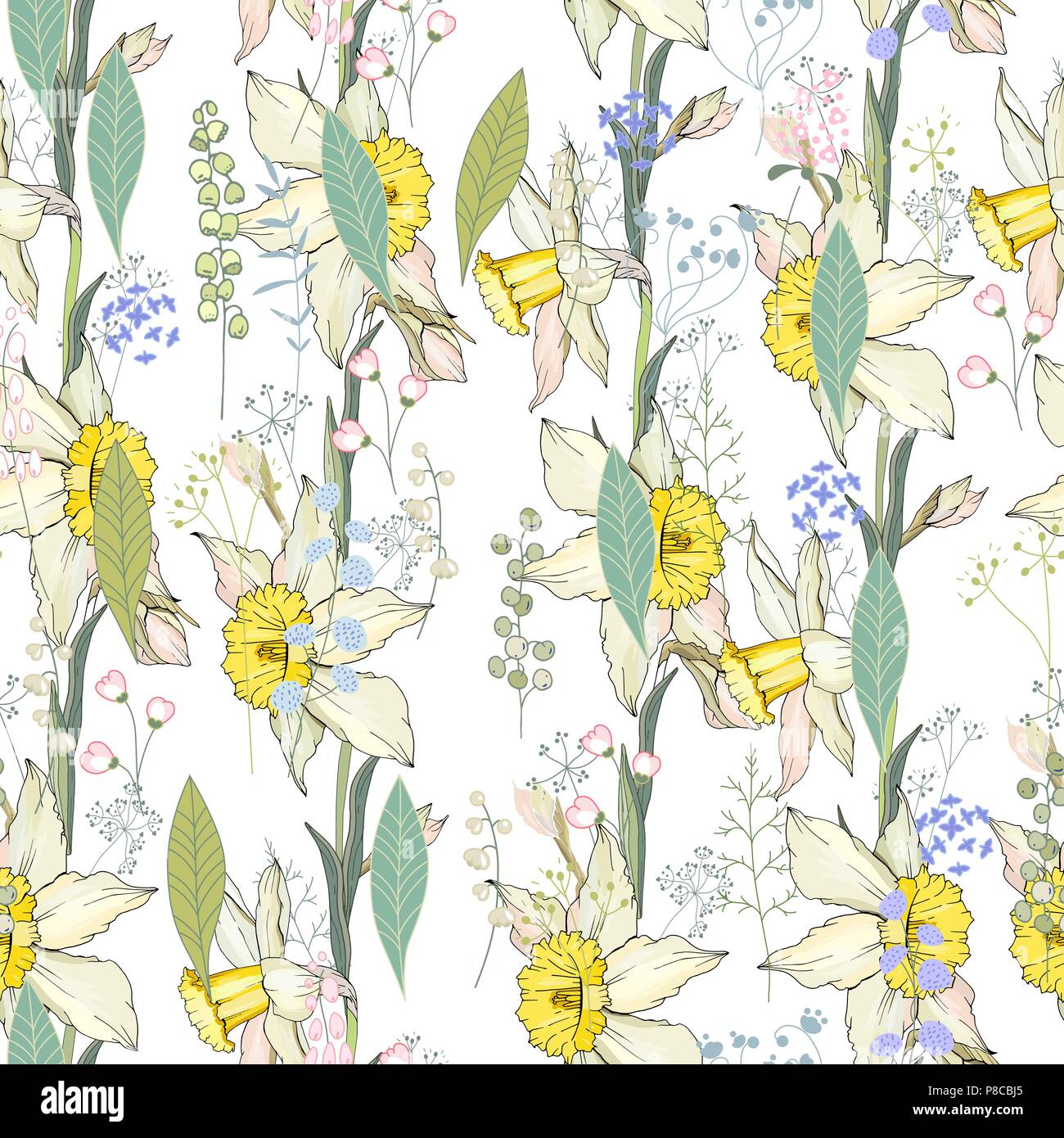 Seamless floral motivo decorativo con yellow daffodils. Tessitura senza fine per il tuo design, tessuti decor. Illustrazione Vettoriale