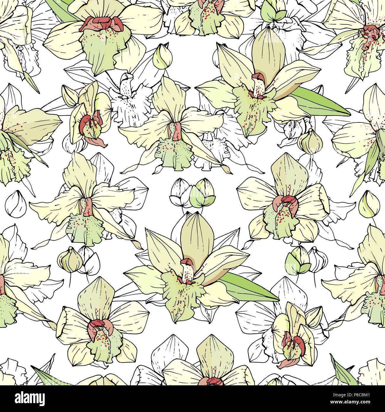 Modello senza soluzione di continuità con le orchidee bianche. Infinite texture per design floreale. Illustrazione Vettoriale