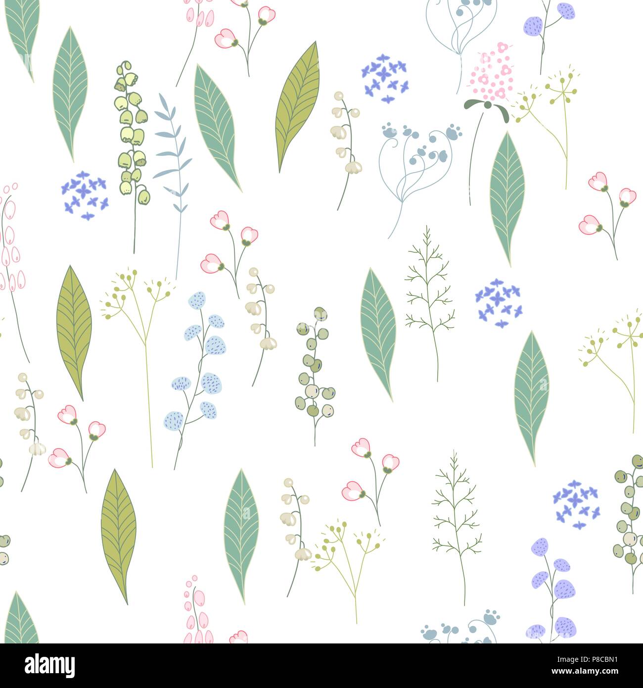 Stagione perfetta pattern con contorno di fiori selvatici, erbe e foglie. Infinite per texture floreali design estivo con piante Illustrazione Vettoriale