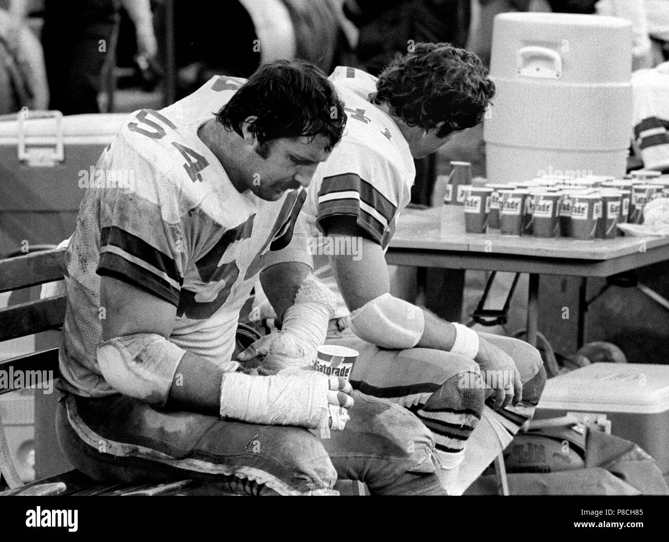 San Francisco, California, Stati Uniti d'America. Decimo gen, 1982. San Francisco 49ers vs.Dallas Cowboys a Candlestick Park domenica 10 gennaio. 1982. 49ers battere i Cowboys 28-27 per conferenza campionato. Dallas Cowboys Linebacker Randy bianco (54) sul banco di prova. Credito: Al di Golub/ZUMA filo/Alamy Live News Foto Stock