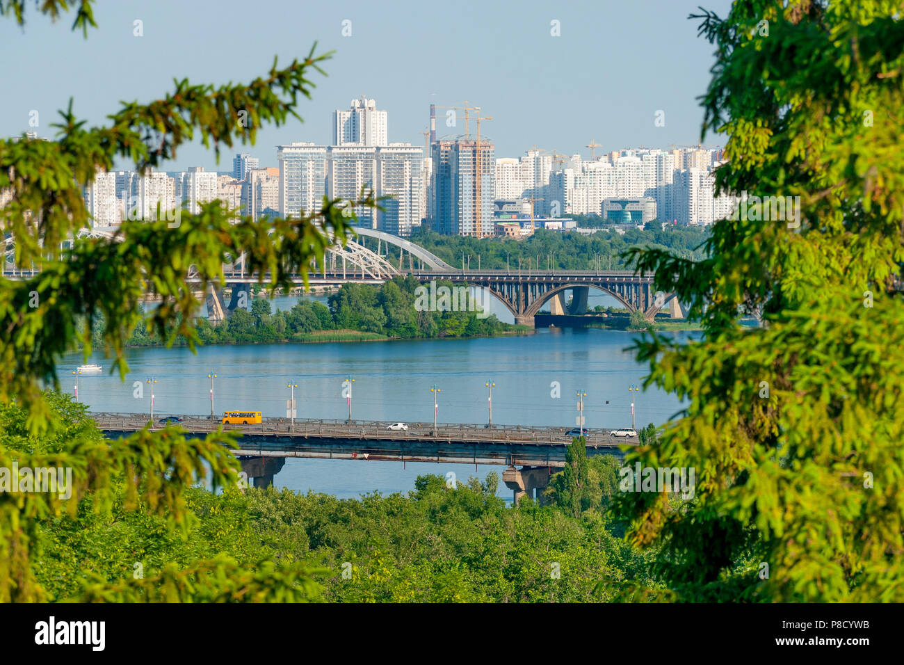 Rami di alberi di conifere in primo piano e una bella città con un fiume e edifici ad alta sul retro . Per il vostro design Foto Stock