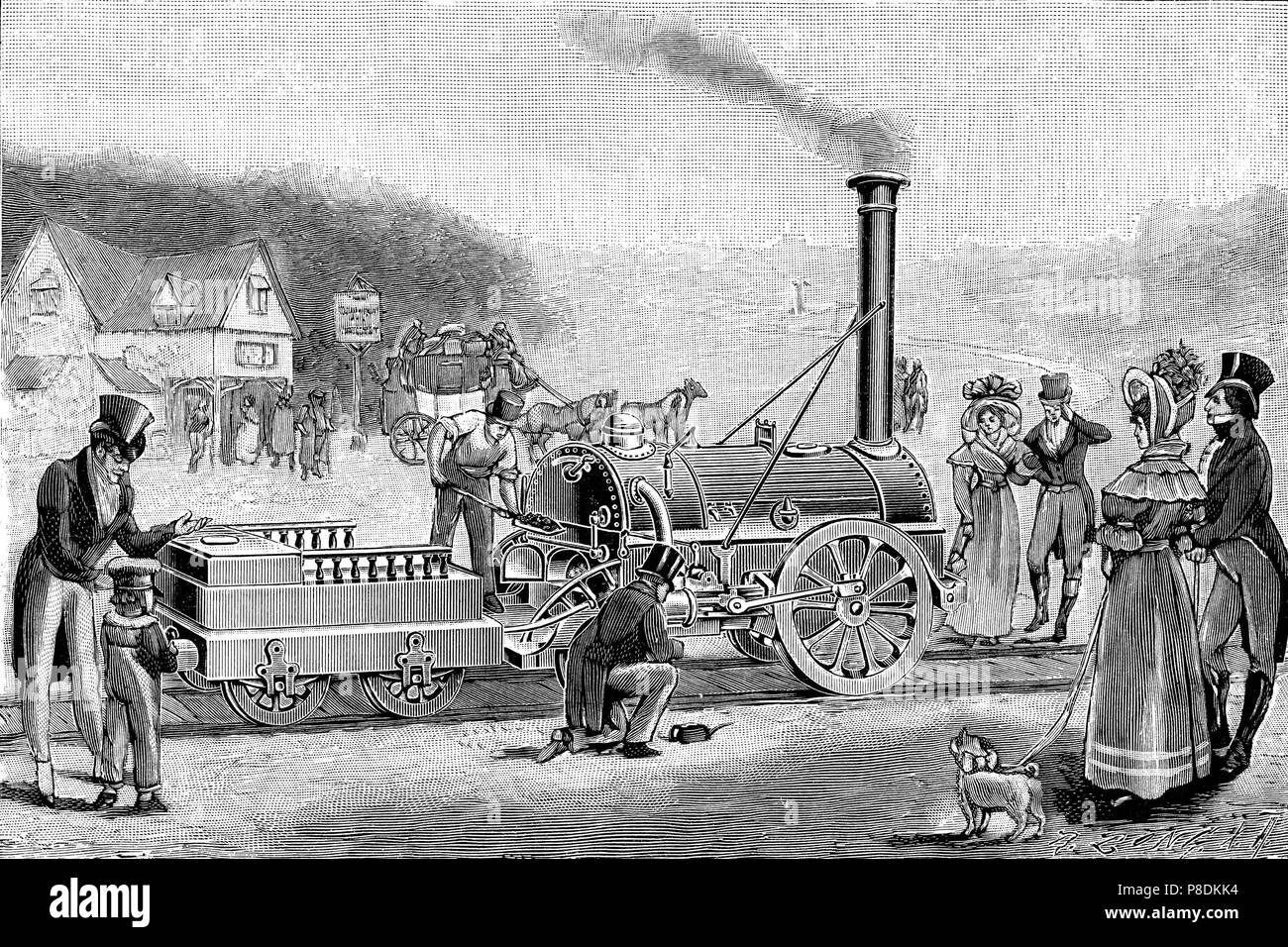 Stephenson's locomotiva a vapore "Rocket" nel 1830. Museo: Collezione privata. Foto Stock