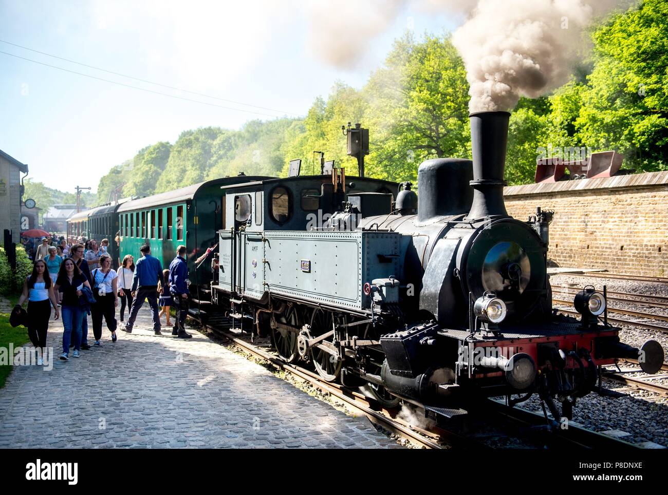 Una storica locomotiva a vapore a Minet Park Fond-de-Gras vicino Niedercorn (Lussemburgo), il 06 maggio 2018. | Utilizzo di tutto il mondo Foto Stock