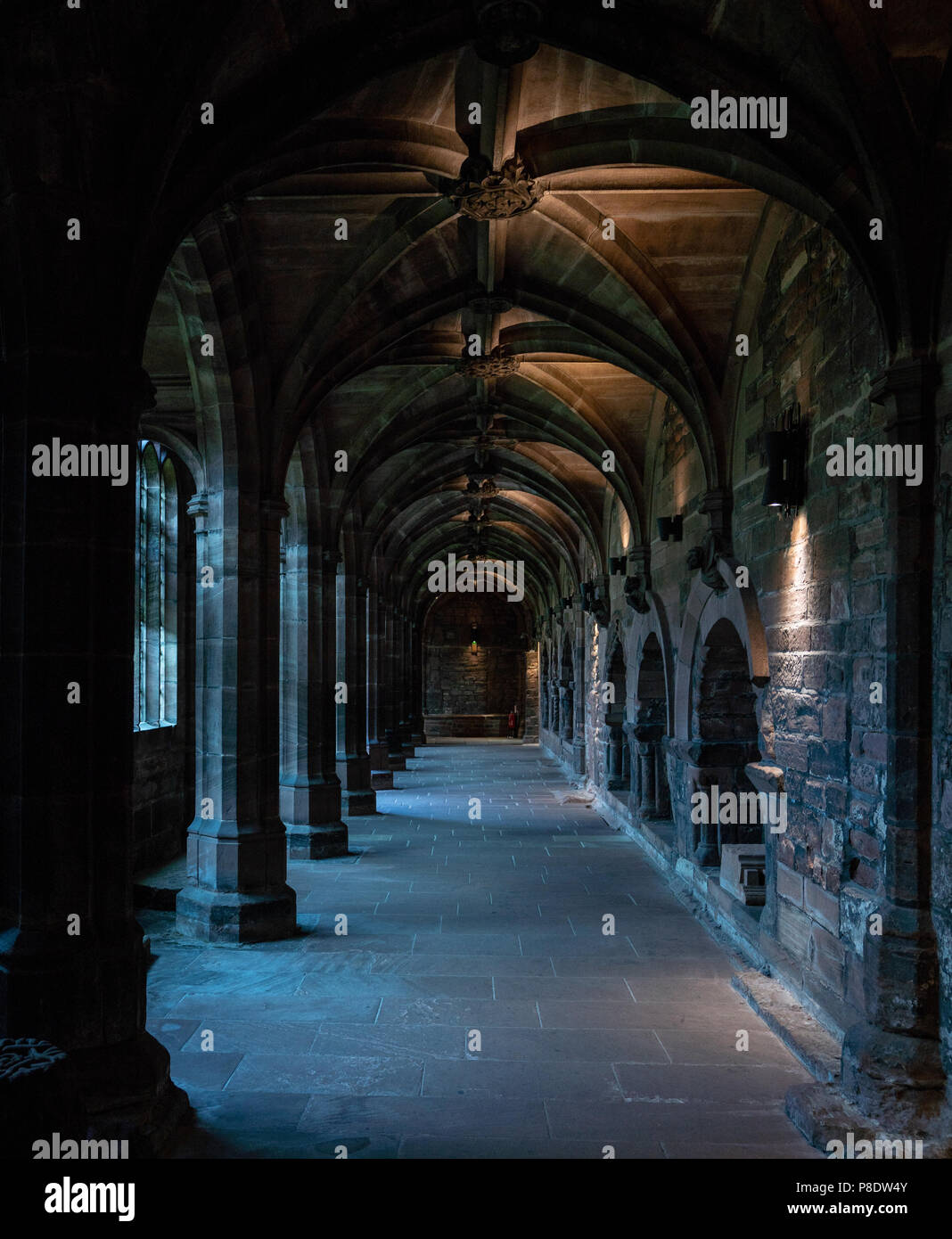 Cattedrale di arcade con archi drammatico di ombre e di luci. Foto Stock