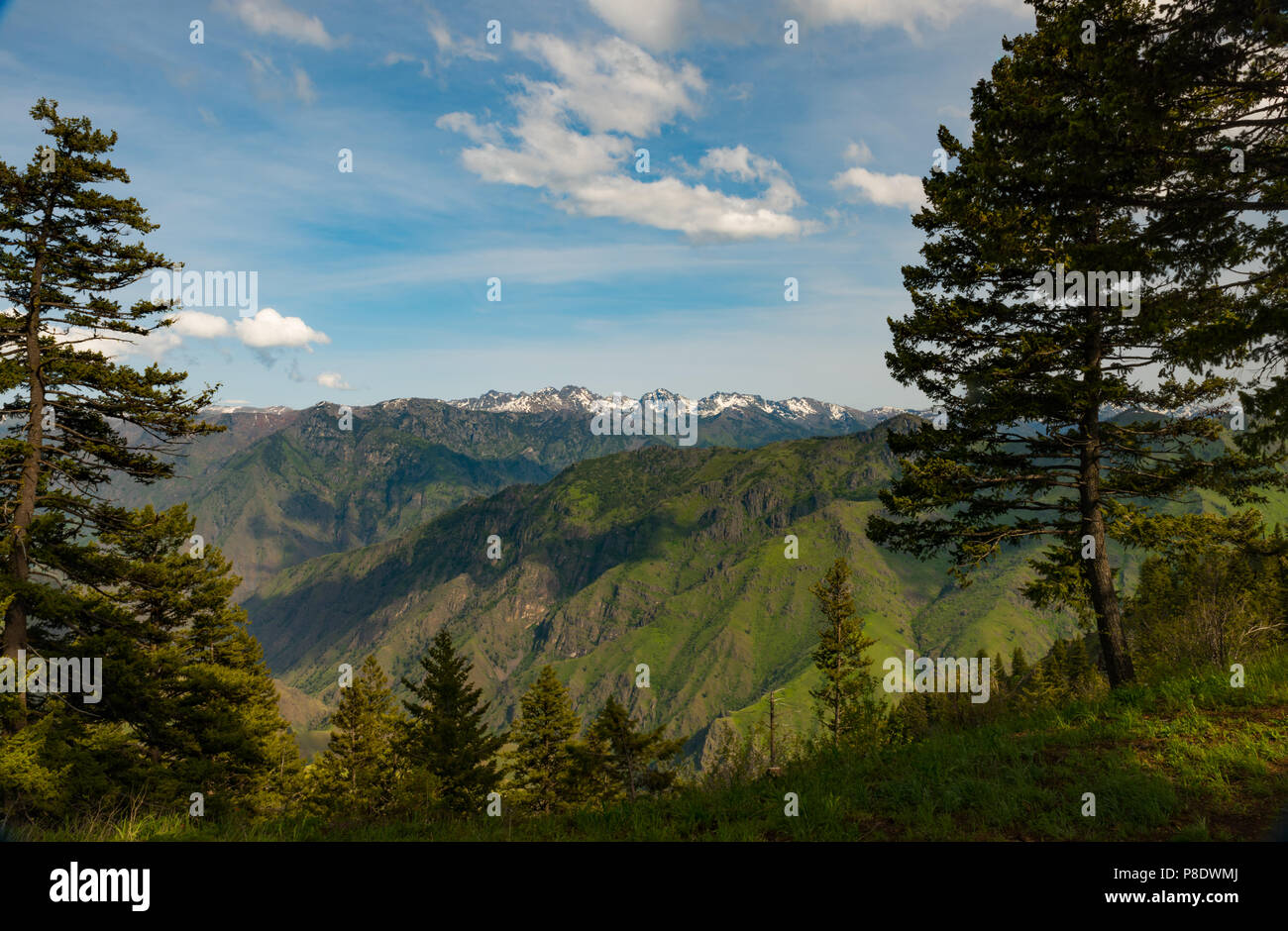 Una vista di Idaho sette demoni montagne da nordest Oregon lato del Hells Canyon National Recreation Area. Foto Stock