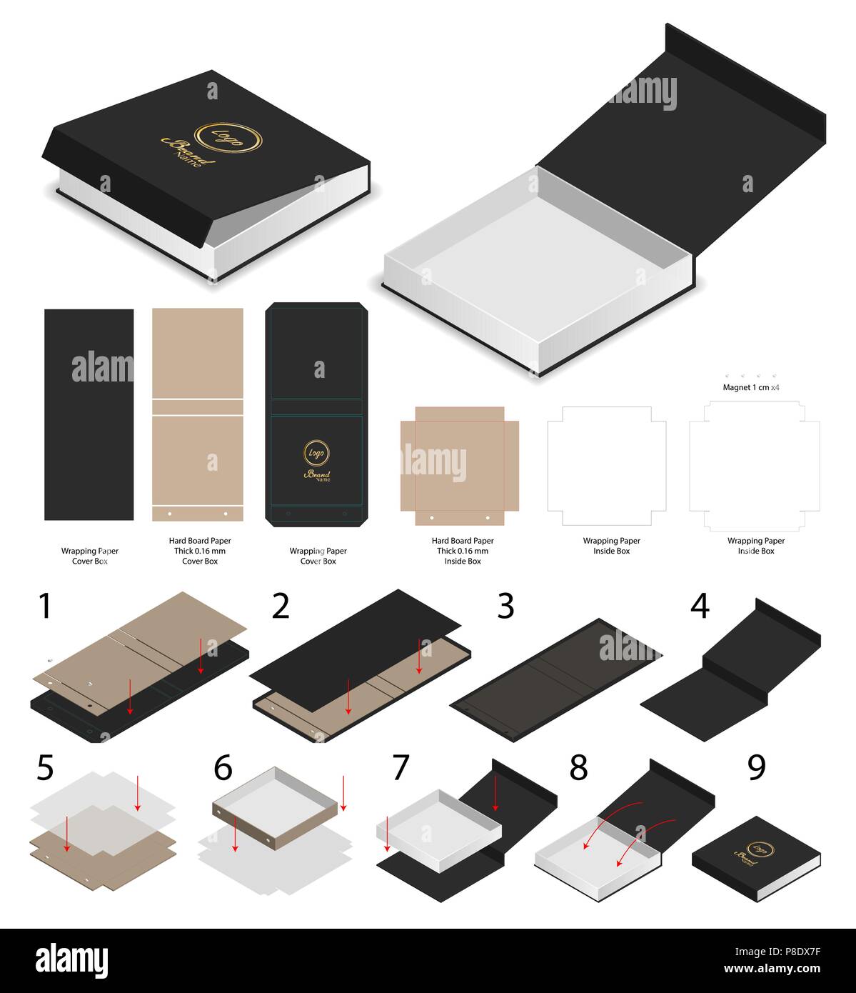 Magnete rigida box modello 3d mockup con dieline Illustrazione Vettoriale