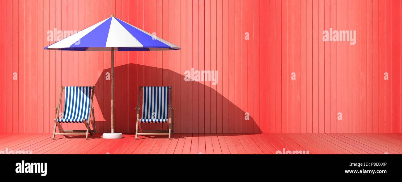 La vacanza estiva. Sedie a sdraio e un ombrellone in legno rosso sfondo parete, banner, copia dello spazio. 3d illustrazione Foto Stock