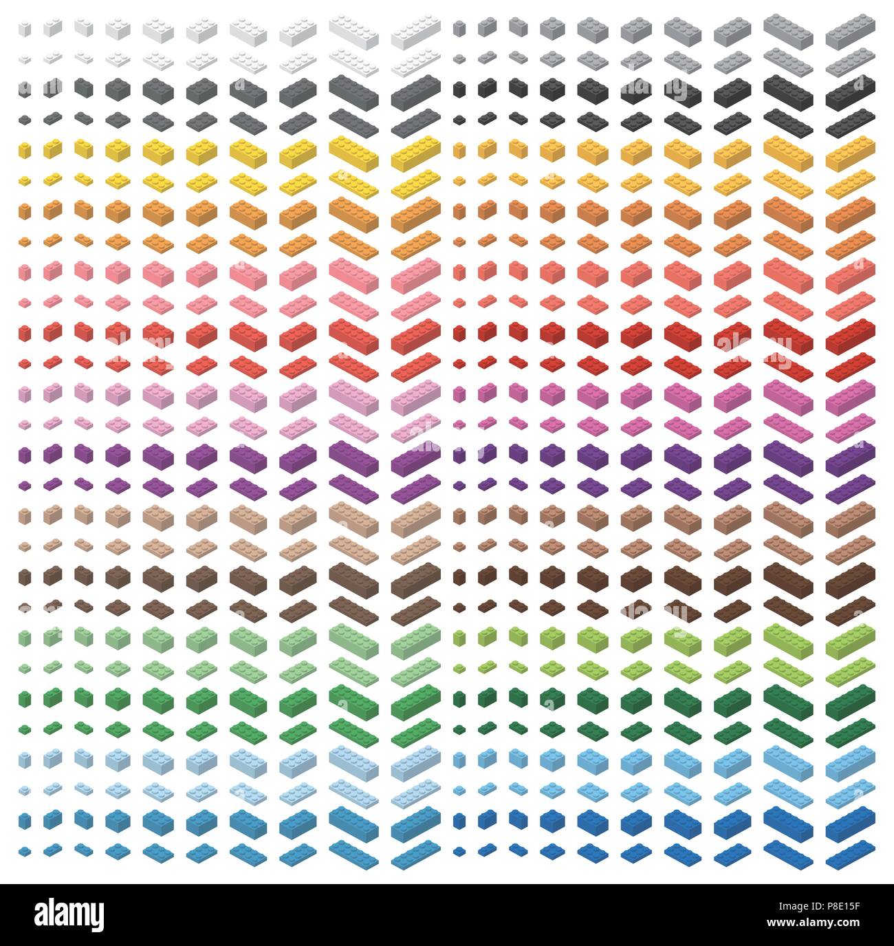 Spettro di colori di grande pacco di mattoni per bambini. Giocattolo di mattoni, mattoni colorati isolati su sfondo bianco. Tutti i mattoni formati. Illustrazione Vettoriale