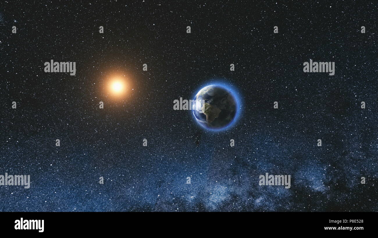 Vista dallo spazio sul pianeta terra e sole stella rotante sul suo asse in nero universo. Via Lattea in background. Seamless loop con il giorno e la notte le luci della città cambia. Elementi di immagine fornita dalla NASA Foto Stock