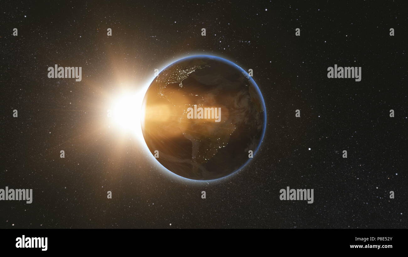 Vista dallo spazio sul pianeta terra e sole stella rotante sul suo asse in nero universo. Seamless loop con il giorno e la notte le luci della città cambia. Astronomia e concetto di scienza. Elementi di immagine fornita dalla NASA Foto Stock