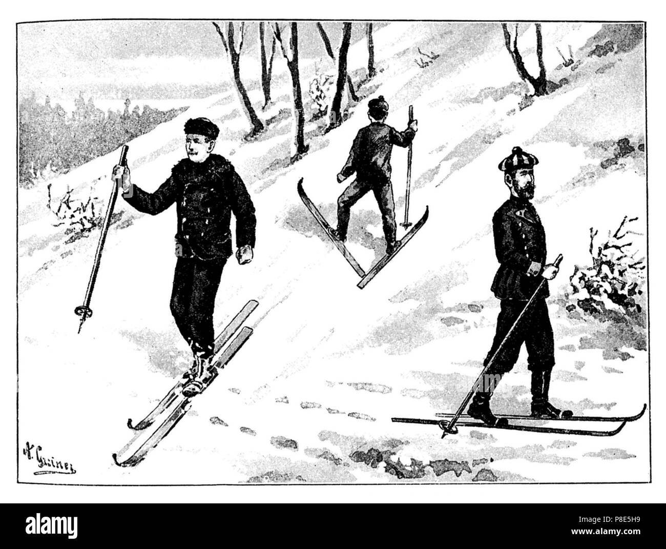 Escursioni con le racchette da neve, in salita e in discesa, A. Greiner 1895 Foto Stock