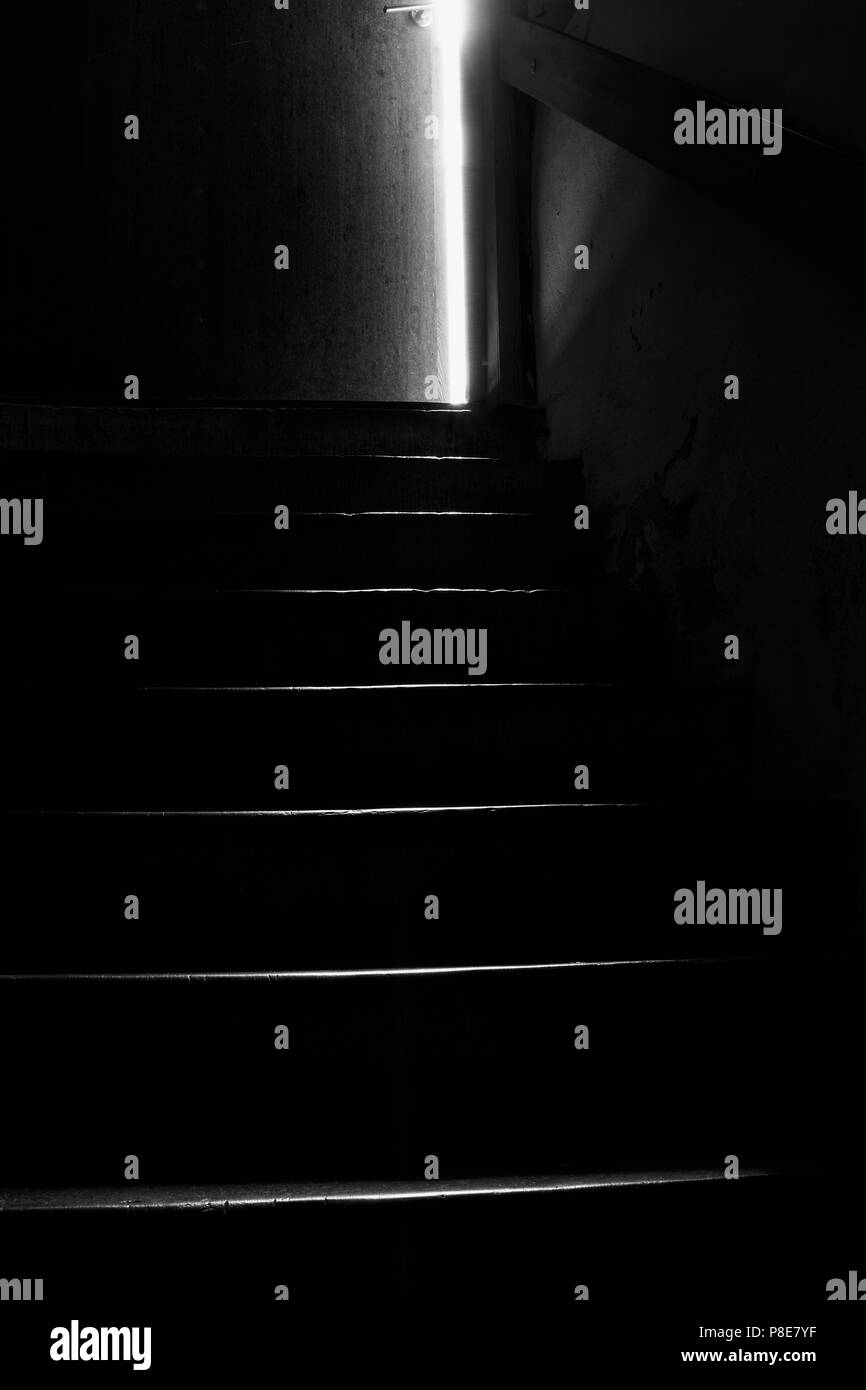 Immagine scura in bianco e nero di scale che conducono dalla cantina a una porta socchiusa. Foto Stock
