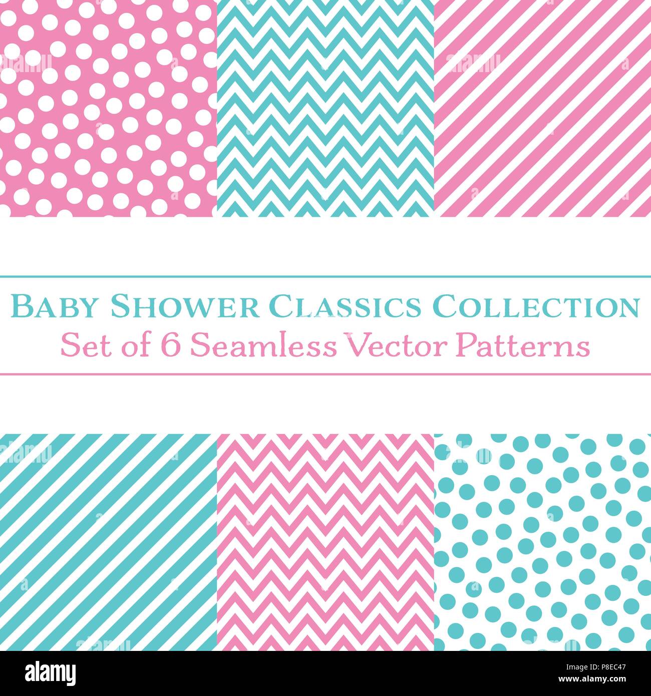 Raccolta di 6 classic baby doccia vettore modelli senza giunture, pois, freccette e strisce di caramelle in rosa e ciano. Bundle di pattern, impostare Illustrazione Vettoriale